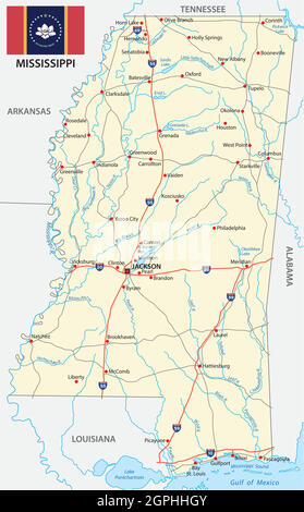 cartina stradale del mississippi con nuova bandiera Illustrazione Vettoriale