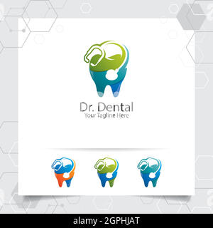 Disegno vettoriale del dentista del logo dentale con il concetto di stetoscopio e icona del dente . Cura dentale per l'ospedale, il medico, la clinica e la salute. Illustrazione Vettoriale