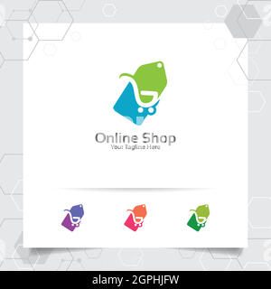 Il concetto vettoriale di disegno del logo di shopping dell'icona di etichetta di prezzo e del simbolo del carrello di acquisto per il negozio in linea, il mercato, il commercio elettronico e il deposito in linea. Illustrazione Vettoriale