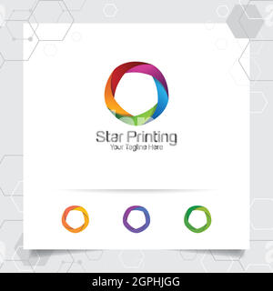 Concetto di design del logo STAR del simbolo del loop connesso , logo vettoriale a stella colorato utilizzato per la stampa, lo studio e la tecnologia. Illustrazione Vettoriale