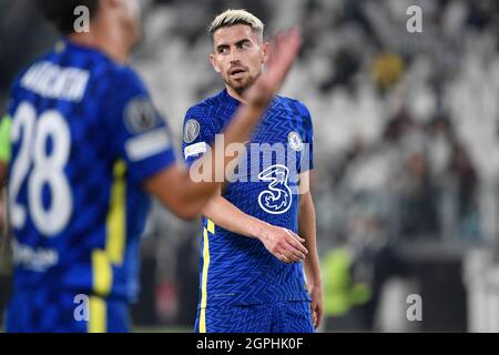 Torino, Italia. 29 settembre 2021. Jorge Luiz Frello Filho Jorginho di Chelsea durante la partita di calcio del gruppo UEFA Champions League H tra Juventus FC e Chelsea allo stadio Juventus di Torino, 29 settembre 2021. Foto Andrea Staccioli/Insidefoto Credit: Ininsidefoto srl/Alamy Live News Foto Stock