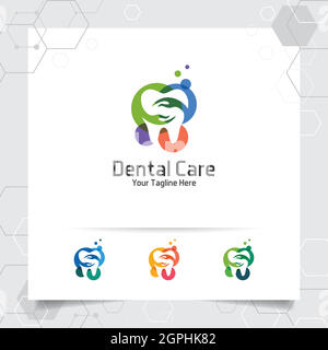 Logo dentista dentista disegno vettoriale con concetto di mano e icona dente . Cura dentale per l'ospedale, il medico, la clinica e la salute. Illustrazione Vettoriale