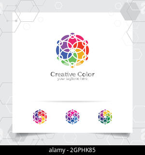 Disegno colorato del logo circolare con concetto di fiore e cerchio geometrico . Elemento vettoriale colorato astratto utilizzato per studio e tecnologia. Illustrazione Vettoriale