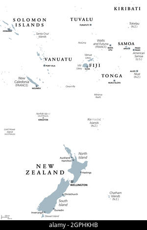 Nuova Zelanda e Polinesia meridionale, mappa politica grigia Illustrazione Vettoriale