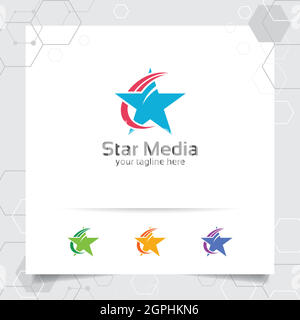 Concetto di design del logo a stella dell'elemento simbolo a freccia, logo vettoriale a stella astratto utilizzato per la finanza, la contabilità e la consulenza. Illustrazione Vettoriale