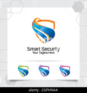 Design del logo Security Shield con concetto di vettore di protezione e icona della tecnologia per la privacy dei dati, antivirus e sicurezza del sistema. Illustrazione Vettoriale