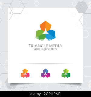 Design del logo triangolare concetto di elemento con simbolo a freccia, logo vettoriale a triangolo astratto utilizzato per finanza, contabilità e consulenza. Illustrazione Vettoriale