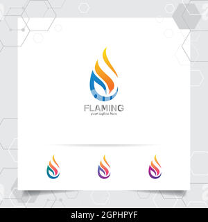 Fire logo design vettore con concetto di fuoco blazing . Logo del gas petrolifero per l'industria mineraria e la lavorazione del combustibile. Illustrazione Vettoriale