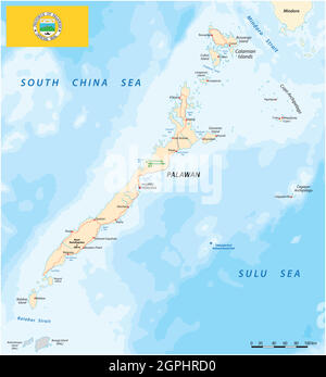 Mappa vettoriale dell'isola filippina occidentale di Palawan con bandiera Illustrazione Vettoriale