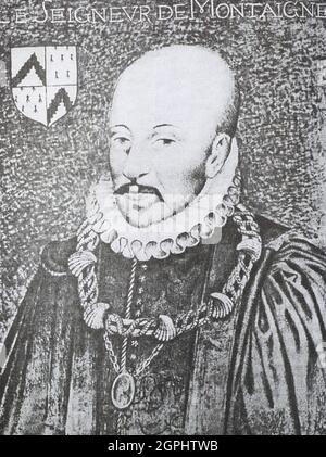 Michel Eyquem de Montaigne (1533-1592), noto anche come Signore di Montaigne, fu uno dei filosofi più significativi del Rinascimento francese. È noto per aver diffuso il saggio come genere letterario. Il suo lavoro è noto per la sua fusione di aneddoti casual e autobiografia con intuizione intellettuale. Il suo enorme volume Essais contiene alcuni dei saggi più influenti mai scritti. Foto Stock