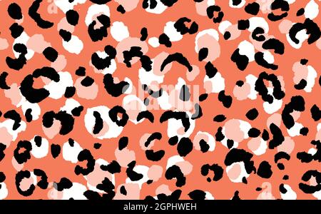 Astratto motivo moderno leopardo senza cuciture. Animali sfondo alla moda. Illustrazione di cartoncino decorativo vettoriale nero e pesca per stampa, cartoncino, cartolina Illustrazione Vettoriale