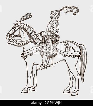Cavaliere montato dal 15 ° secolo in vista laterale Illustrazione Vettoriale