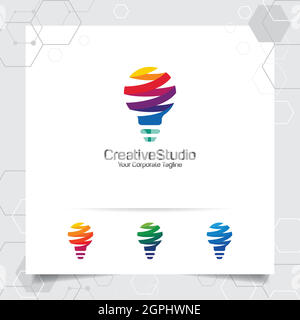 Logo della lampadina concetto di design idea di simbolo colorato digitale e vettore di lampada icona. Logo Smart idea utilizzato per studio, professionisti e agenzie. Illustrazione Vettoriale