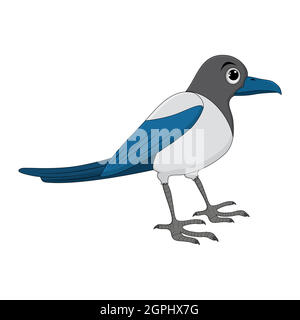 Illustrazione del cartone animato di uccello di Magpie. Disegno di ornitologia animale di corvo in piedi. Clip art vettoriale isolato su sfondo bianco. Illustrazione Vettoriale