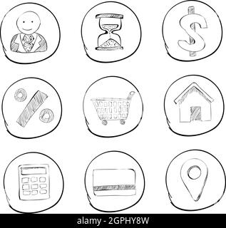 Negozio di set di icone, disegnati a mano stile Illustrazione Vettoriale