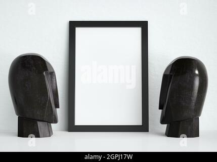 Imprimi una cornice fotografica su una parete in gesso bianco tra due sculture con testa in marmo scuro; moderno orientamento ritratto mockup cornice, illustrazione 3d Foto Stock