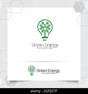 Logo verde di progettazione di bulbo energetico concetto di foglie vettore e icona della lampada. Logo elettrico utilizzato per l'ambiente e il sistema di ecologia. Illustrazione Vettoriale