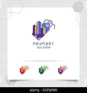 Property sell logo design vettore concetto di prezzo tag icona e illustrazione immobiliare per costruzione, residenza, e proprietà. Illustrazione Vettoriale