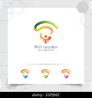 Logo WiFi Locator dal design moderno e lucido . Puntatore della mappa e vettore del simbolo del segnale wifi. Illustrazione Vettoriale