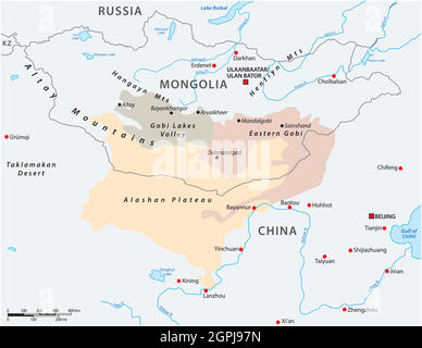 Mappa del deserto del Gobi dell'Asia Centrale, Mongolia, Cina Illustrazione Vettoriale