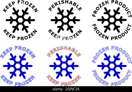 Tenere congelati segno. Il simbolo del fiocco di neve con il testo intorno ad esso. Nero, bianco e blu versione a colori. Illustrazione Vettoriale