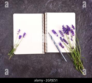 Vista dall'alto del blocco note vuoto aperto con bouquet di lavanda su sfondo di pietra nera, spazio di copia per il testo Foto Stock