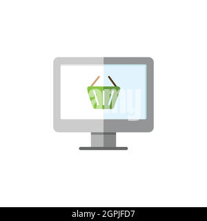 Negozio online. Schermo del computer e carrello della spesa. Icona a colori piatta. Illustrazione del vettore commerciale Illustrazione Vettoriale