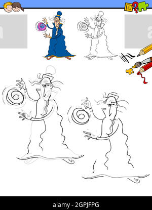 attività di disegno e colorazione con il personaggio fantasy wizard Illustrazione Vettoriale
