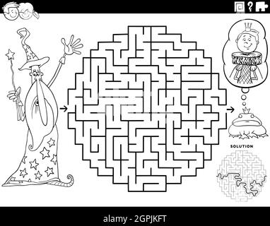 gioco di labirinto con wizard e rana principessa colorazione pagina libro Illustrazione Vettoriale