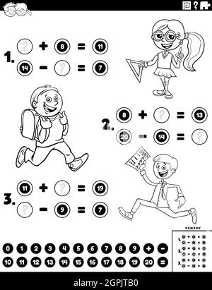 attività di aggiunta e sottrazione matematica con pagina libro a colori per bambini Illustrazione Vettoriale