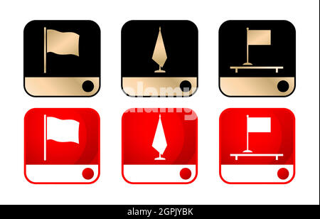 Tre modelli di bandiere a icone con due colori design nero oro e rosso bianco isolato sfondo bianco, icona telefono su pulsanti applicazioni telefono applicabili, etichetta icona aziendale e business. Illustrazione Vettoriale