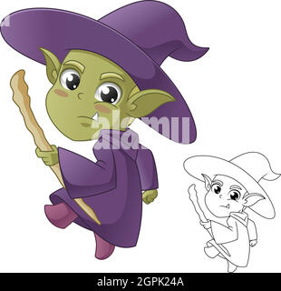 Cute Strega che tiene la bacchetta magica con disegno di linea dell'arte, creatura mitica, Logo di mascotte dell'illustrazione del carattere del vettore in sfondo bianco isolato. Illustrazione Vettoriale