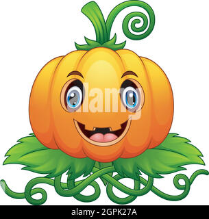 Cartoon Halloween zucca con foglie verdi Illustrazione Vettoriale