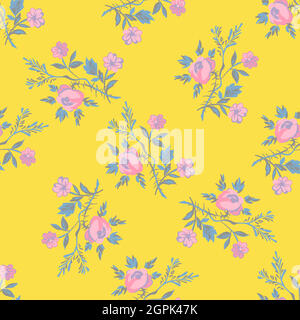 Fiori disegnati a mano rose, foglie senza cuciture pattern astratto sfondo carta da parati. Illustrazione botanica dell'arte della linea. Grafica vettoriale floral wall art in giallo trendy per grafica, stampa Illustrazione Vettoriale