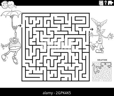 gioco di labirinto con clown colorare pagina libro Illustrazione Vettoriale
