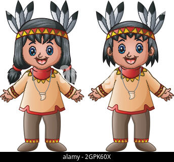 Cartoon bambini nativi Indian American Illustrazione Vettoriale