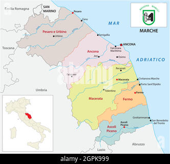 mappa amministrativa e politica marchigiana con bandiera Illustrazione Vettoriale