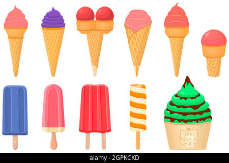 grande kit gelato pop cicle diversi tipi in tazza con cialde a cono Illustrazione Vettoriale