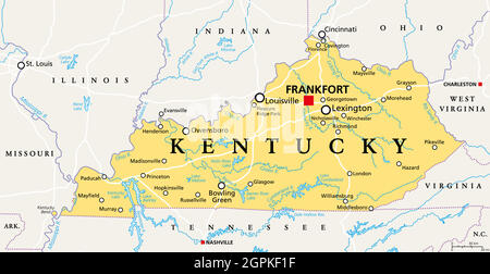 Kentucky, Kentucky, mappa politica, stato del Bluegrass, stato del sud-est degli Stati Uniti Illustrazione Vettoriale