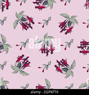 Fiori fuchsia disegnati a mano, incisione floreale senza cuciture pattern astratto sfondo carta da parati vettore. Illustrazione della confezione botanica di Line art per la stampa grafica. Colori pastello viola verde Illustrazione Vettoriale