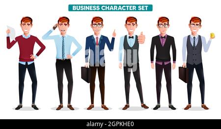 Set vettore di caratteri uomo d'affari. Collezione di personaggi businessman come manager, boss, dipendenti e personale in ufficio abbigliamento tuta per il design grafico. Illustrazione Vettoriale