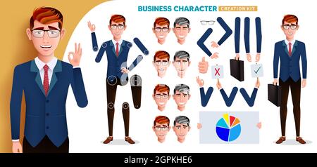 Set vettoriale kit di personaggi uomo d'affari. Personaggi per la creazione di uomini d'affari con gesti delle mani ed espressioni facciali della testa modificabili per il corpo del dipendente. Illustrazione Vettoriale