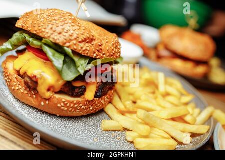 patatine fritte e sanwich combo sul piatto Foto Stock