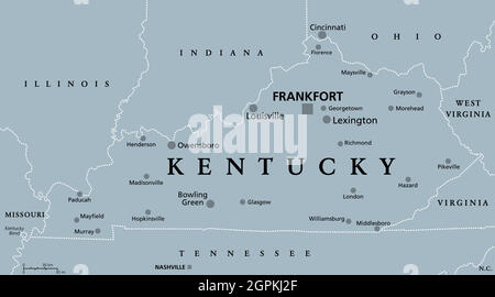 Kentucky, Kentucky, mappa politica grigia, stato del Bluegrass, stato del sud-est degli Stati Uniti Illustrazione Vettoriale