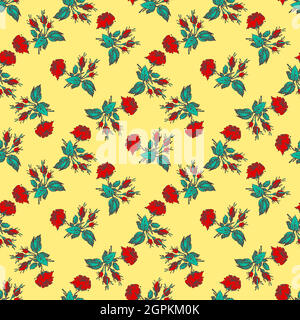 Fiori disegnati a mano rose, foglie senza cuciture pattern astratto sfondo carta da parati. Illustrazione botanica dell'arte della linea. Grafica vettoriale floral wall art in giallo trendy per grafica, stampa Illustrazione Vettoriale