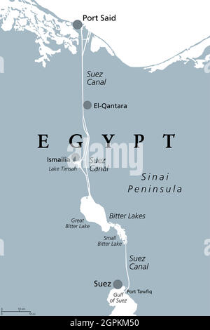 Canale di Suez, idrovia artificiale a livello del mare in Egitto, mappa politica grigia Illustrazione Vettoriale