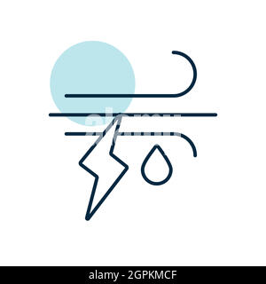Icona vettore fulmine vento pioggia. Cartello meteo Illustrazione Vettoriale