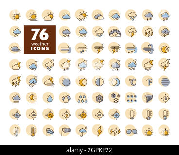 Icona delle previsioni meteo vettoriali impostata Illustrazione Vettoriale