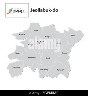 Mappa amministrativa vettoriale della provincia sudcoreana di Jeollabuk-do con flag Illustrazione Vettoriale