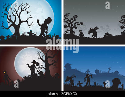 Allegro insieme di banner di Halloween con zombie party Illustrazione Vettoriale